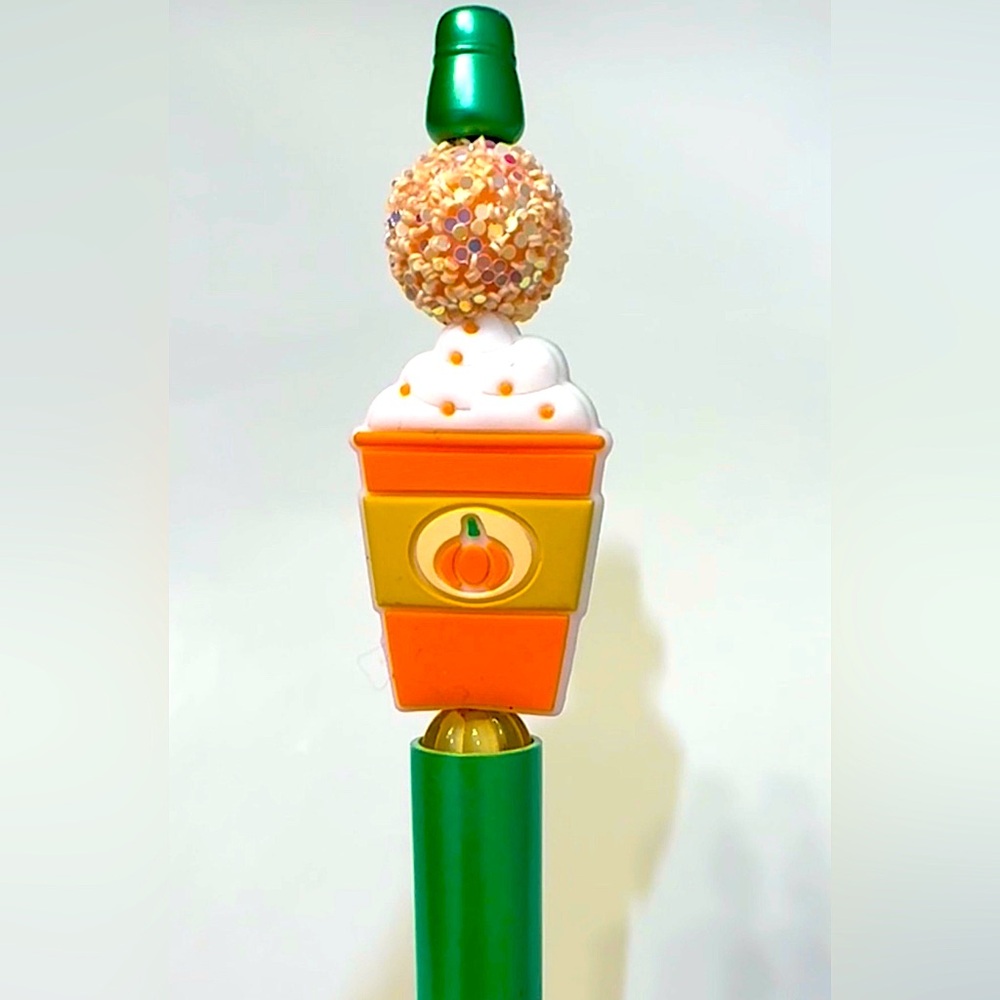 Fall Pumpkin Spice Pen Coffee Latte Cup Sparkly Bead Handmade Decorated Sparkles